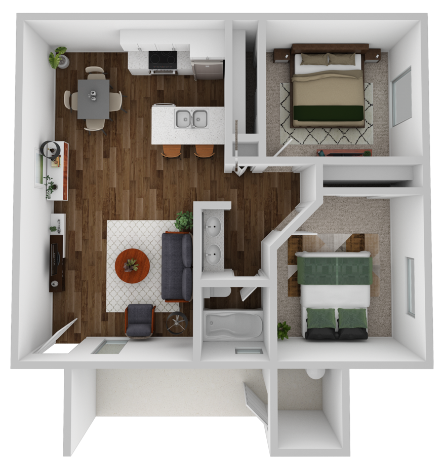 Floor plan for 2 beds, 1 bath, 760 sqft